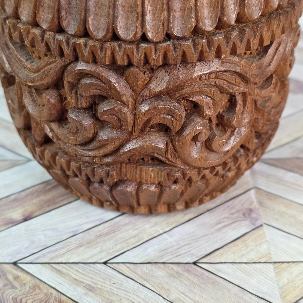 Vintage Ornate Carved Wooden Only 2 Coaster Set with Jar Holder and Lid 6